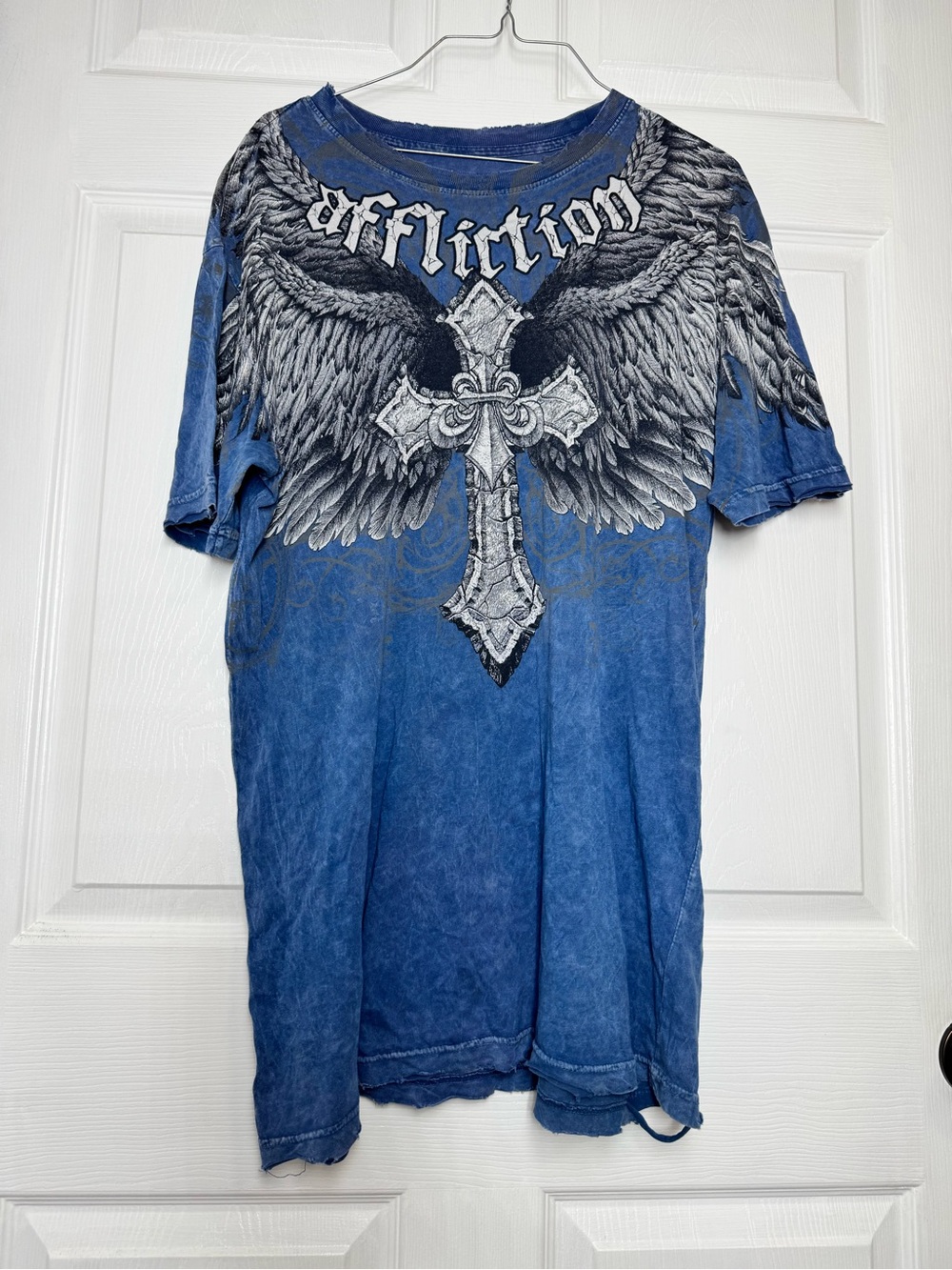 Affliction Blue Short-Sleeve Tee with Cross & Wings Graphic
